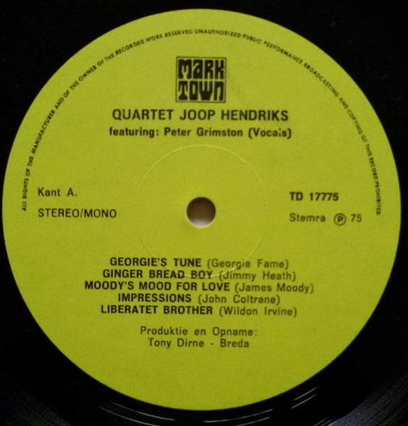 Joop Hendriks Quartet : Featuring: Peter Grimston  (LP, Album, Mono)