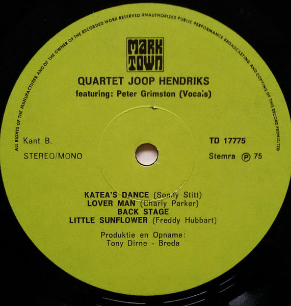Joop Hendriks Quartet : Featuring: Peter Grimston  (LP, Album, Mono)
