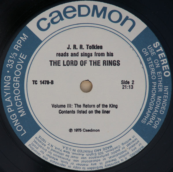J.R.R. Tolkien : Reads And Sings His The Lord Of The Rings: The Two Towers / The Return Of The King (LP, Album)