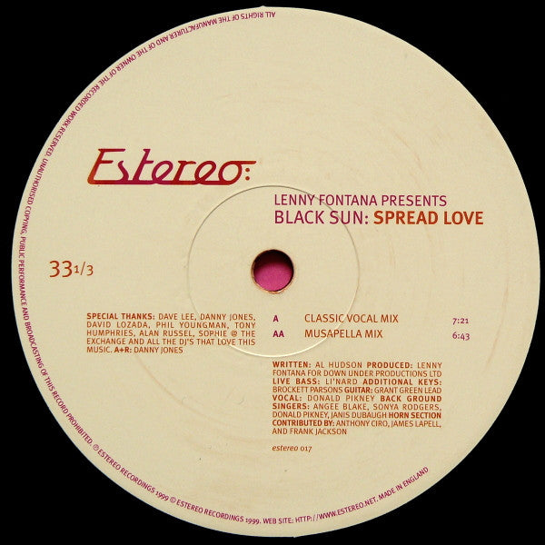 Lenny Fontana Presents Black Sun (5) : Spread Love (12")
