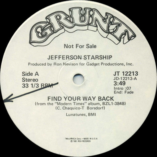 Jefferson Starship : Find Your Way Back (12", Single, Mono, Promo)