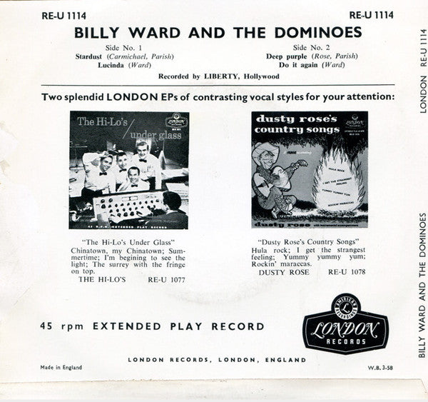 Billy Ward And The Dominoes* : Stardust - Lucinda - Deep Purple - Do It Again (7", EP)