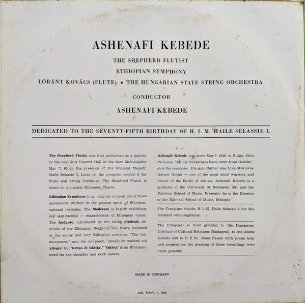 Ashenafi Kebede conducting The Hungarian State String Orchestra* : The Shepherd Flutist - Ethiopian Symphony (10", Album)