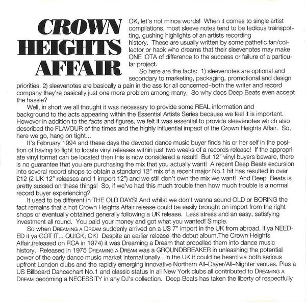 Crown Heights Affair : Essential Dancefloor Artists Volume 1 (CD, Comp, RM)