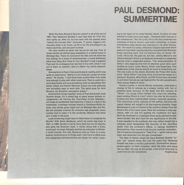 Paul Desmond : Summertime (LP, Album, Ltd, RE)
