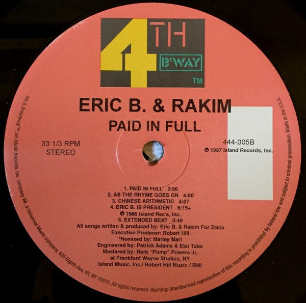 Eric B. & Rakim : Paid In Full (LP, Album, RE)