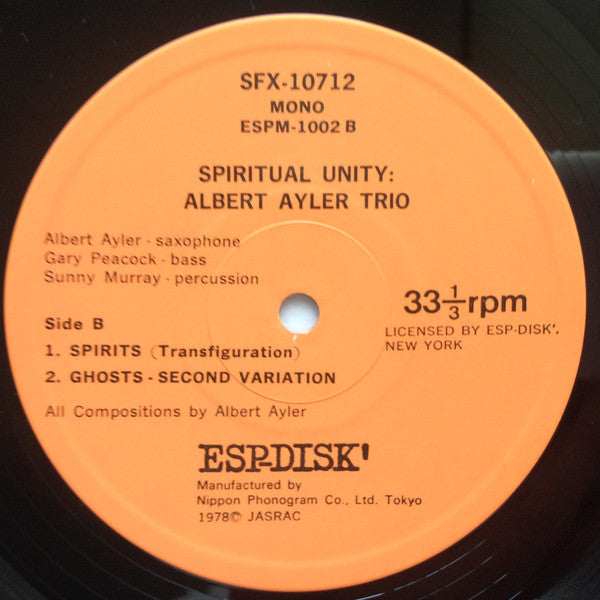 Albert Ayler Trio : Spiritual Unity (LP, Album, Mono, RE)