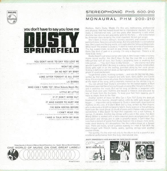 Dusty Springfield : You Don't Have To Say You Love Me (LP, Album, Mono)