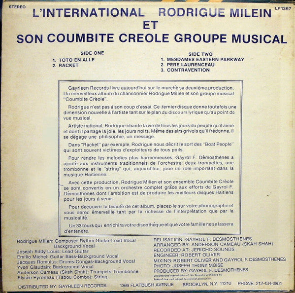 Rodrigue Milien Et Son Groupe Combite Creole : Rackêt (LP, Album)