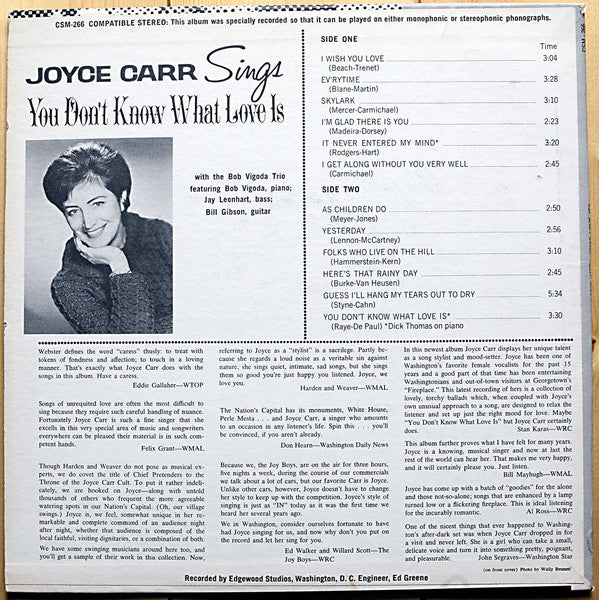 Joyce Carr : Sings You Don´t Know What Love Is (LP, Album, Mono, Pri)