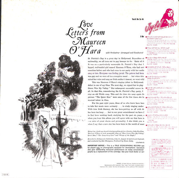 Maureen O'Hara, Bob Thompson : Love Letters From Maureen O'Hara (LP, Album, RE)