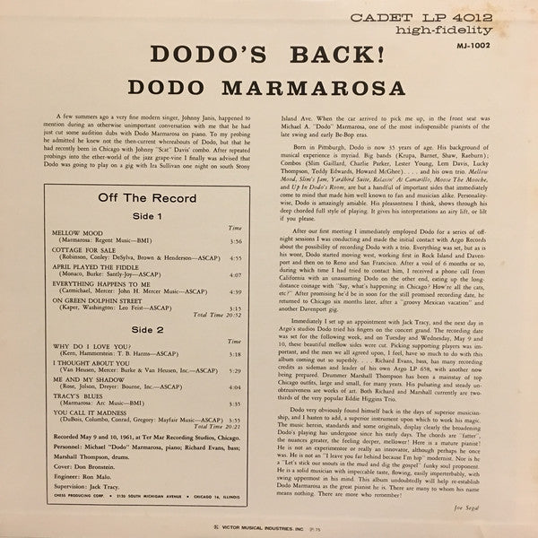 Dodo Marmarosa : Dodo's Back (LP, Album, RE)
