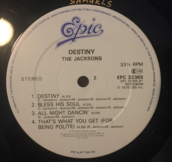 The Jacksons : Destiny (LP, Album, Whi)