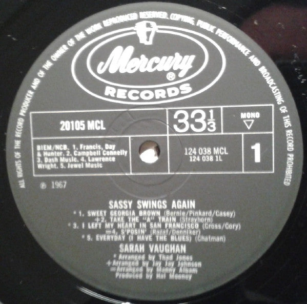 Sarah Vaughan : Sassy Swings Again (LP, Mono)