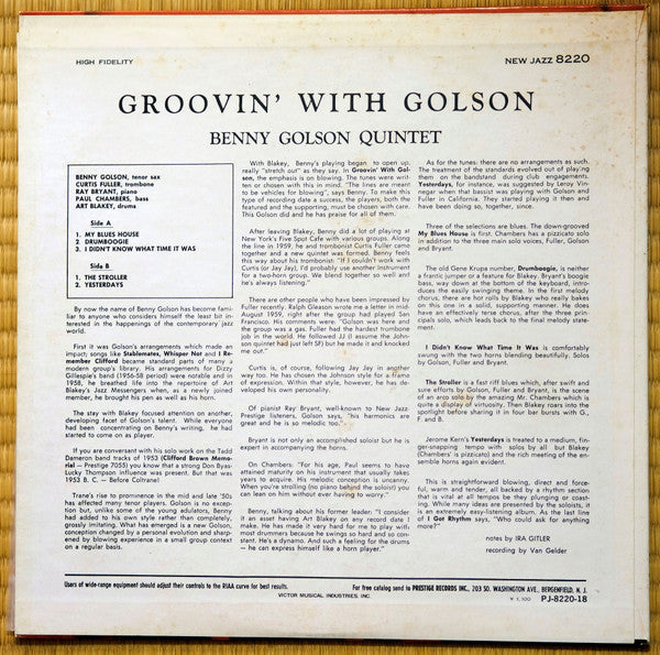 Benny Golson : Groovin' With Golson (LP, Album, Mono, RE)