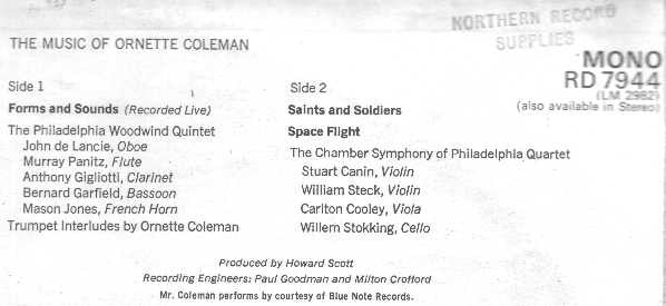 Ornette Coleman, Philadelphia Woodwind Quintet, Chamber Symphony Of Philadelphia Quartet : The Music Of Ornette Coleman (LP, Album, Mono)