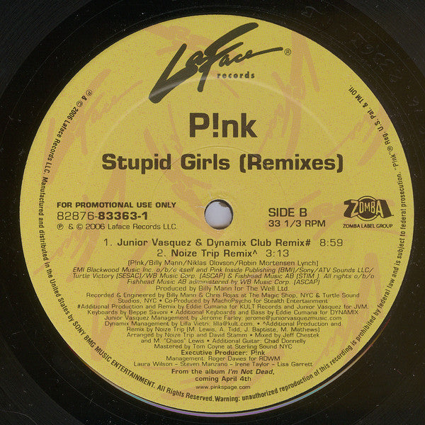 P!nk : Stupid Girls (Remixes) (12", Promo)